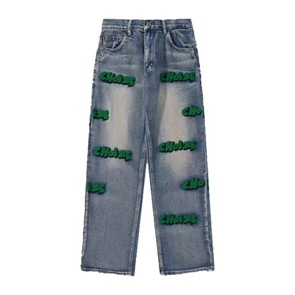 Green Letter Embroidery Jeans
